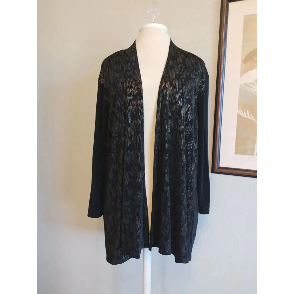 Chicos Travelers Size 3 (XL) Black  With Gold Detail Cardigan Slinky 7/8 Sleeves